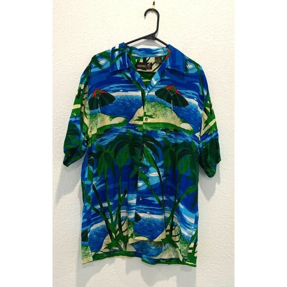 THUMBS UP FOR HIM Blue Aloha Hawaiian Shirt Palm Trees Beach Island L - Picture 8 of 9